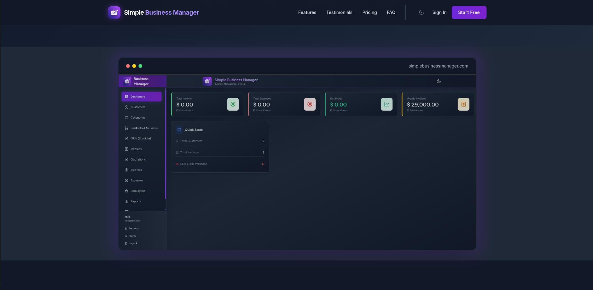 Simple Business Manager website preview